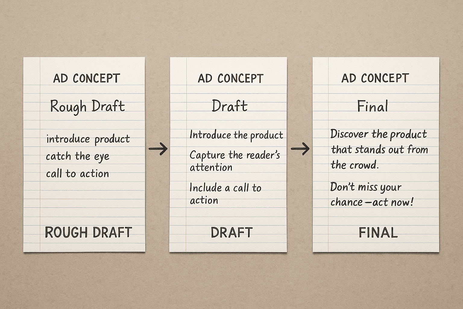 A collection of three rough drafts, showcasing handwritten notes and edits on paper.
