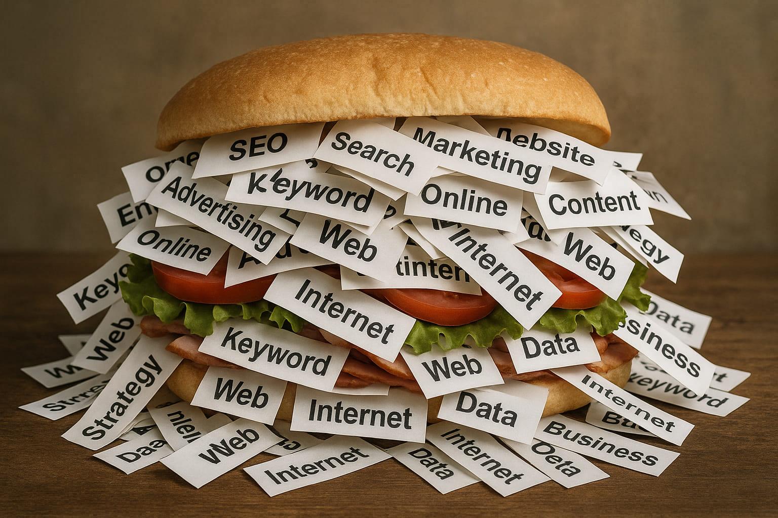 A hamburger topped with various words, visually representing keyword stuffing.
