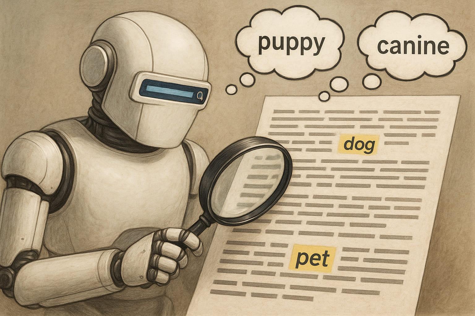 A robot observes a a list of words on a screen, symbolizing the analysis of language and context.