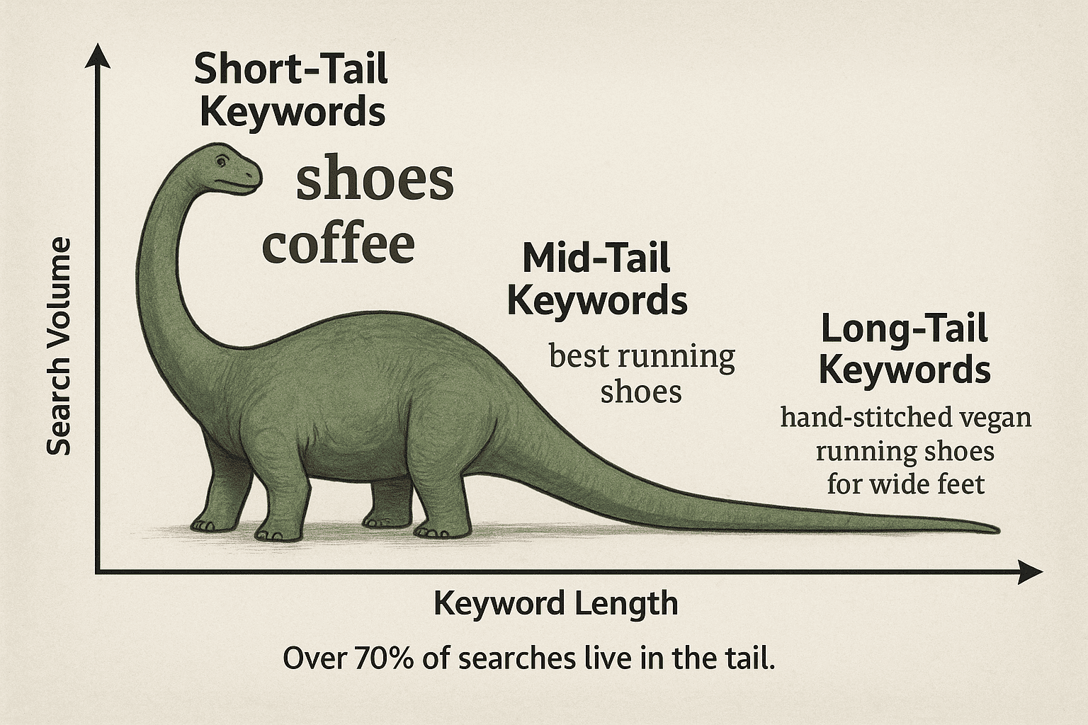 A dinosaur stands next to a line chart illustrating various types of words and their frequency over time.