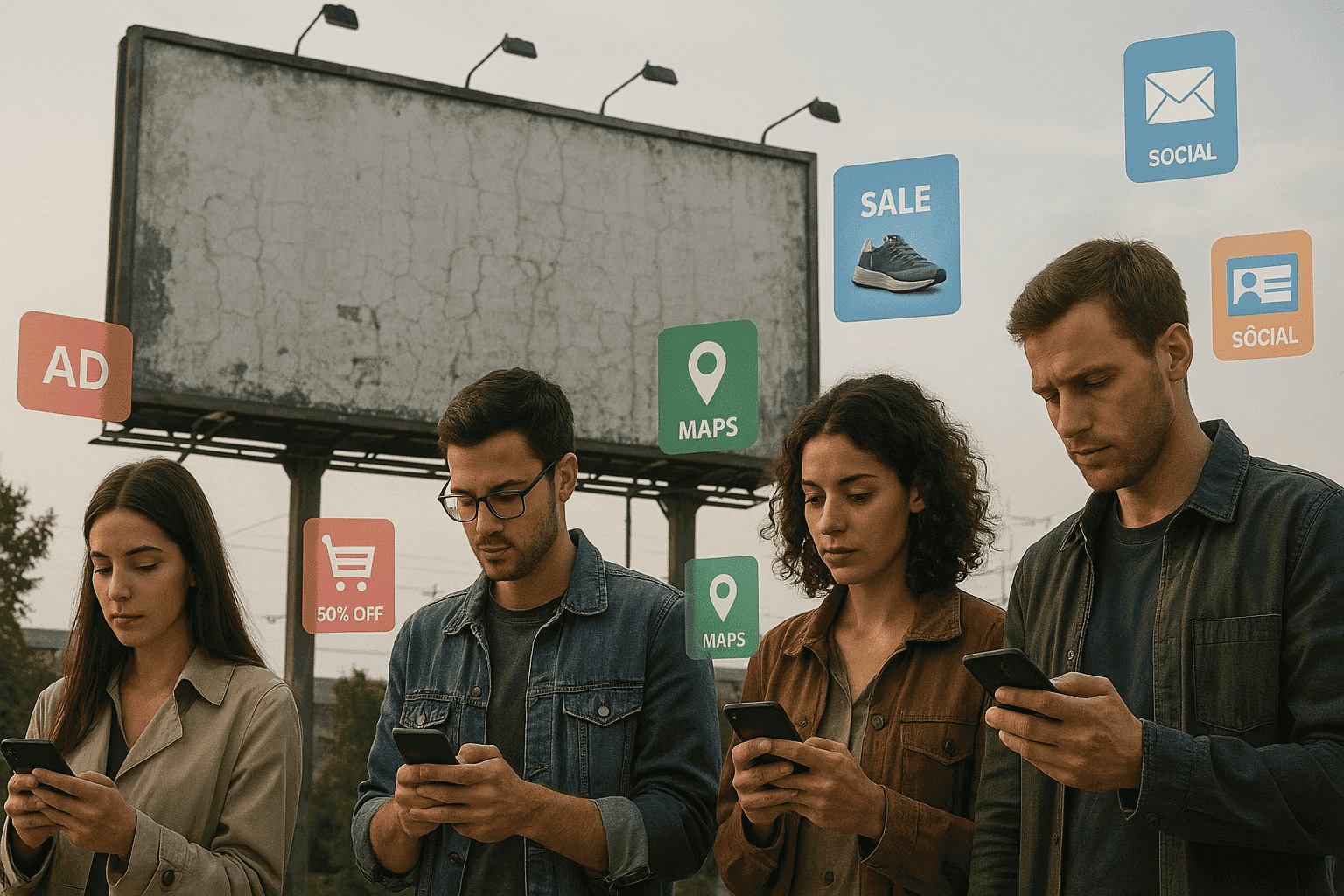 Four people stand in front of a billboard, each holding a phone and looking at the advertisement displayed.