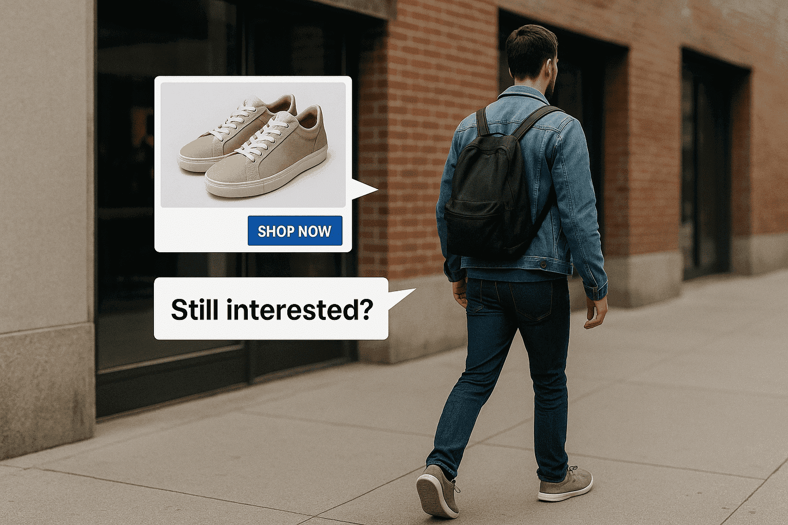 A man walks down the street with a pair of shoes slung over his back.
