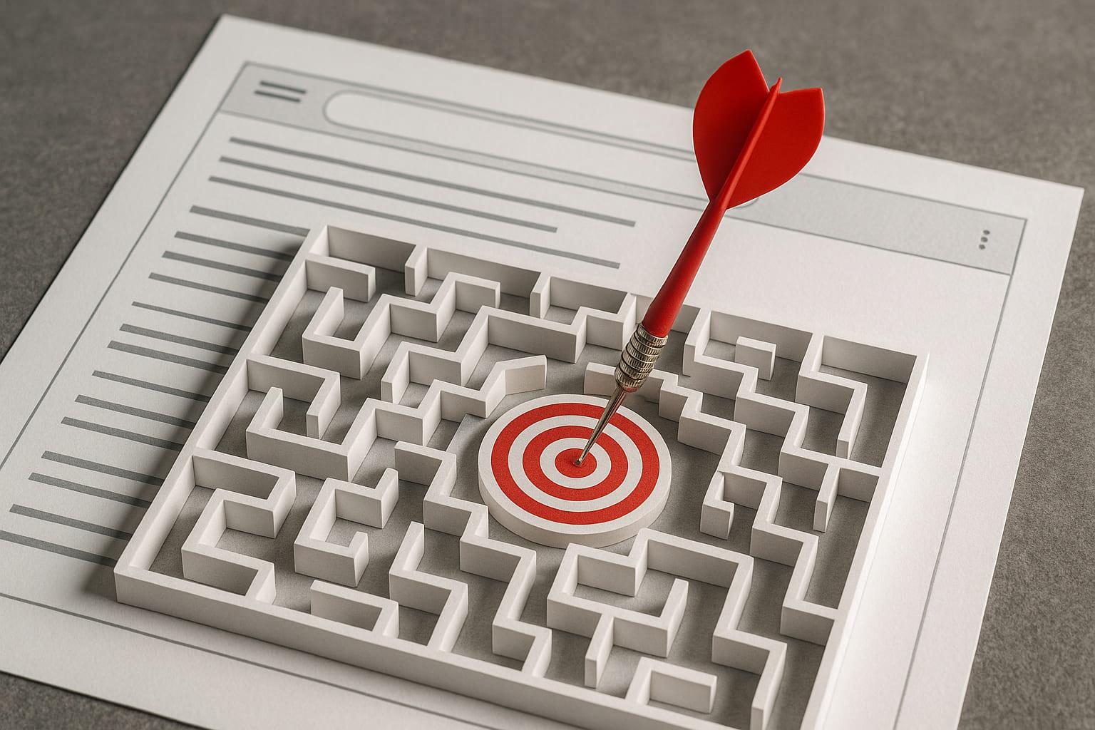 A red dart hitting a small target at the center of a maze shaped like a search engine results page (SERP).