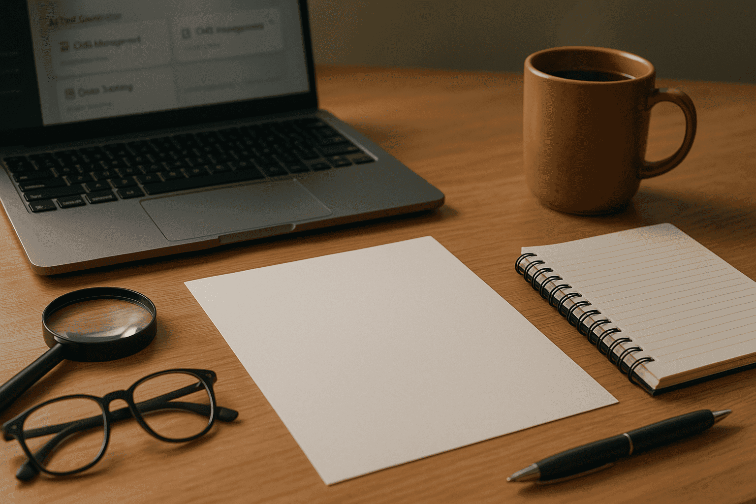 A laptop, coffee cup, notepad, and glasses arranged on a wooden desk.
