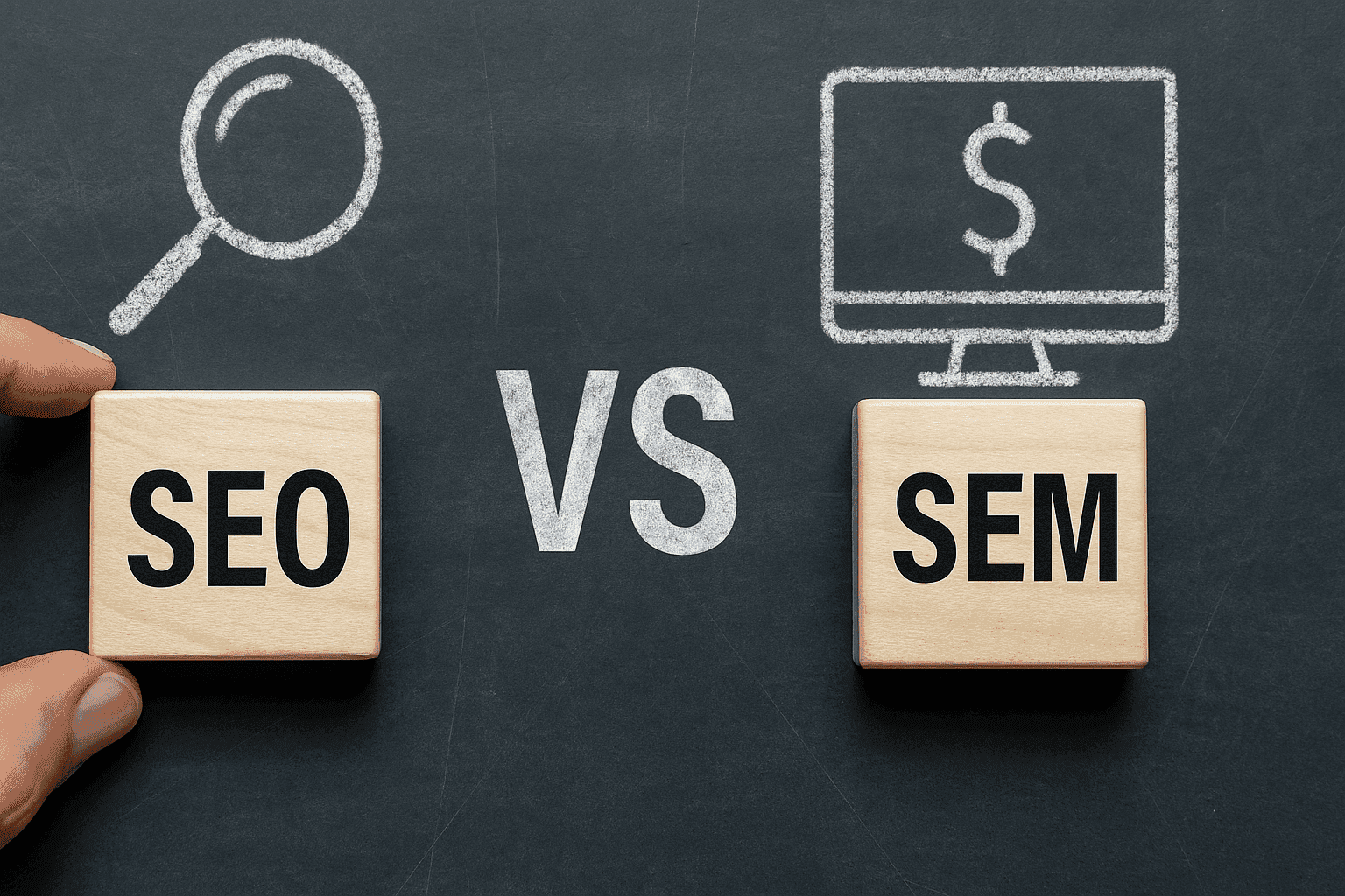 SEO vs SEM comparison graphic highlighting key differences between search engine optimization and search engine marketing.