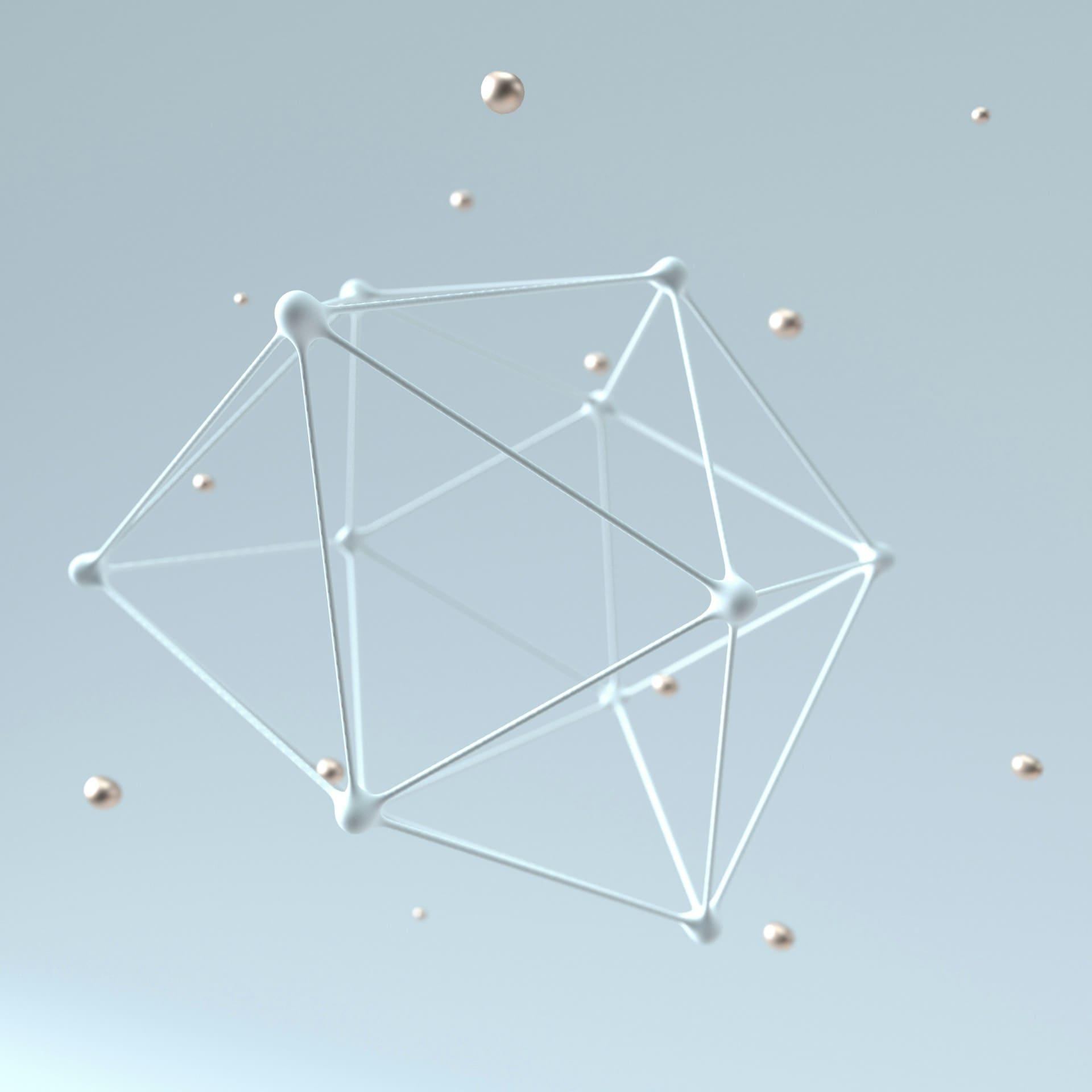 3D rendering of a cube surrounded by multiple colorful spheres, showcasing a dynamic and playful arrangement.