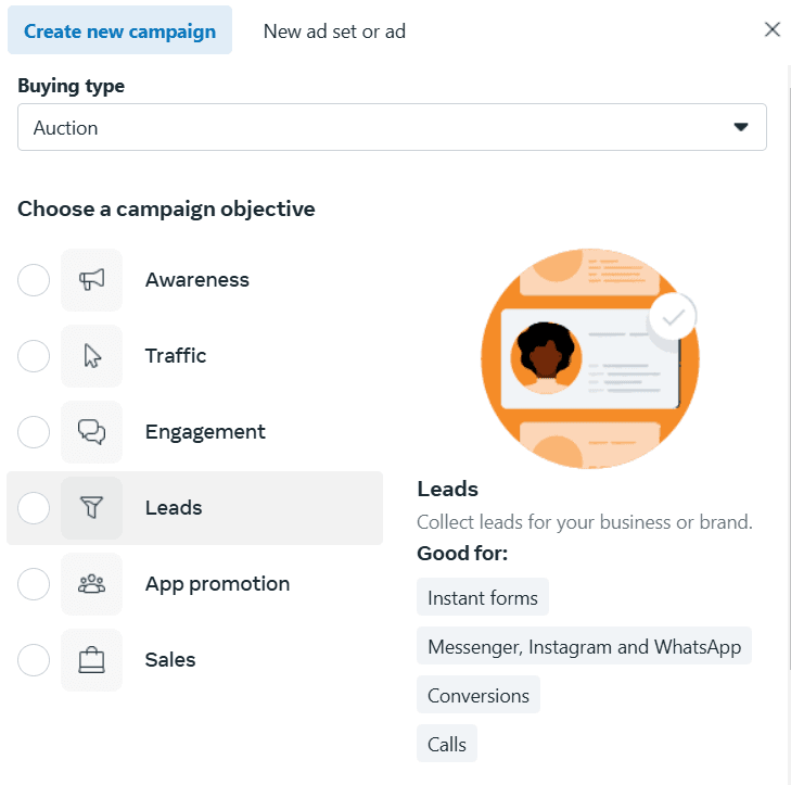 initial view of Meta Ads Manager when starting a new ads campaign