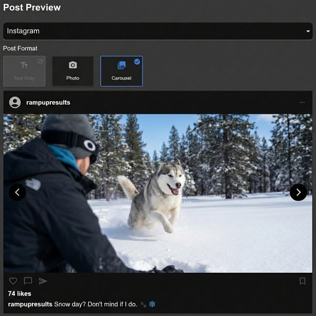 A husky dog in the snow with an instagram post preview around it