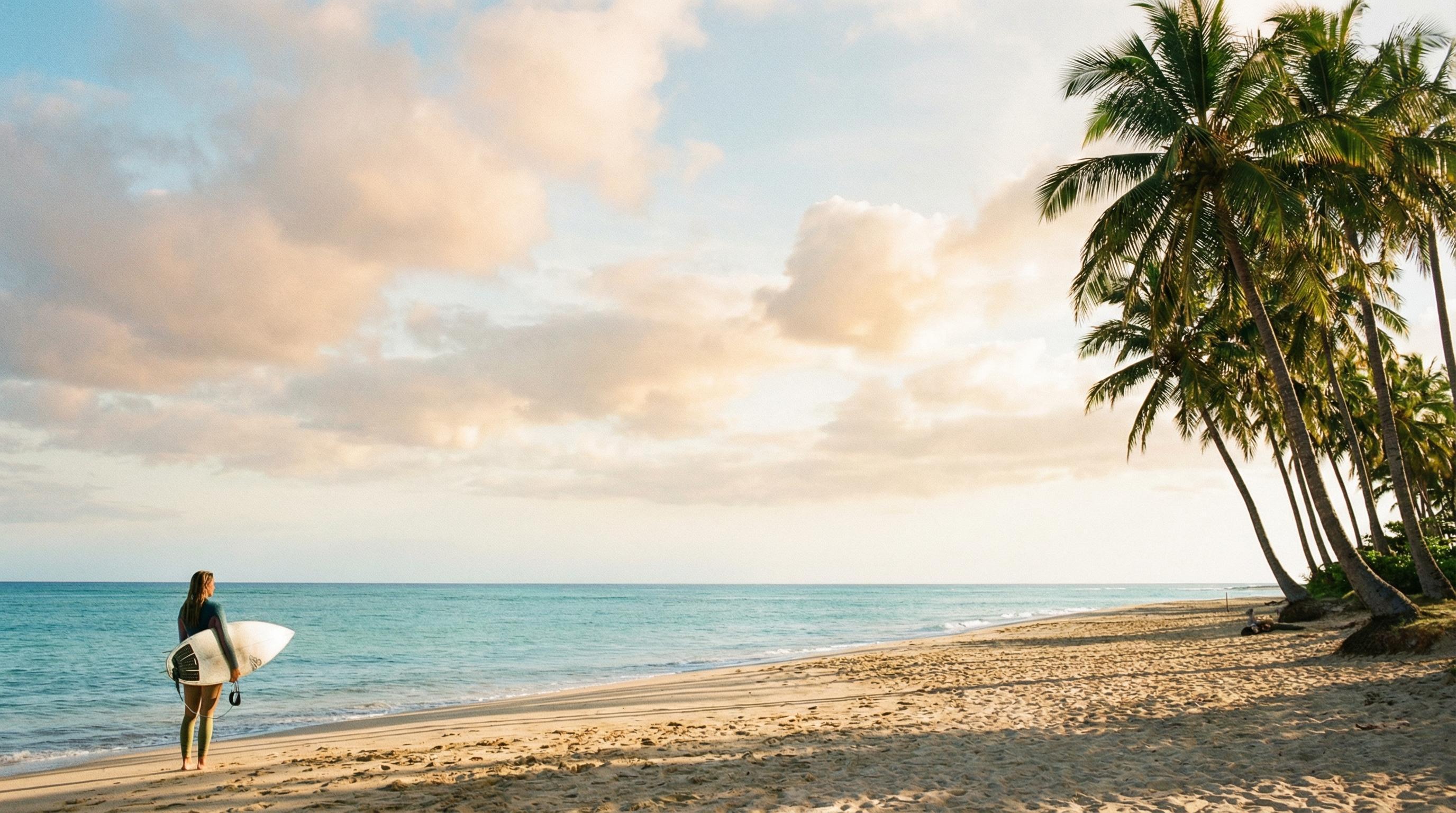A surfer woman on a palm beach