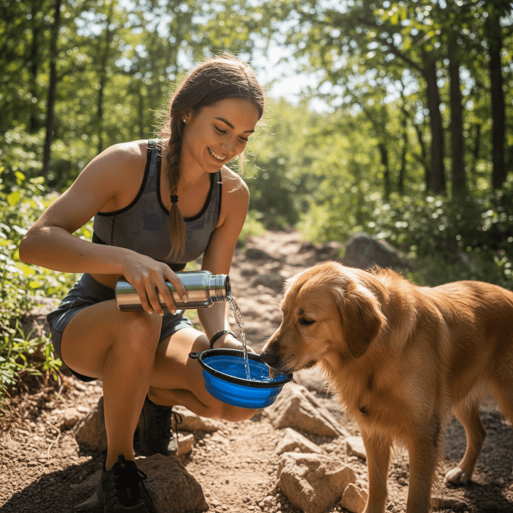 A woman giving water to a dog in the woods